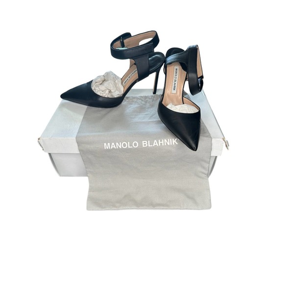 Manolo Blahnik Shoes - Manolo Blahnik Black Pointed Toe Ankle Strap Heels Size 40